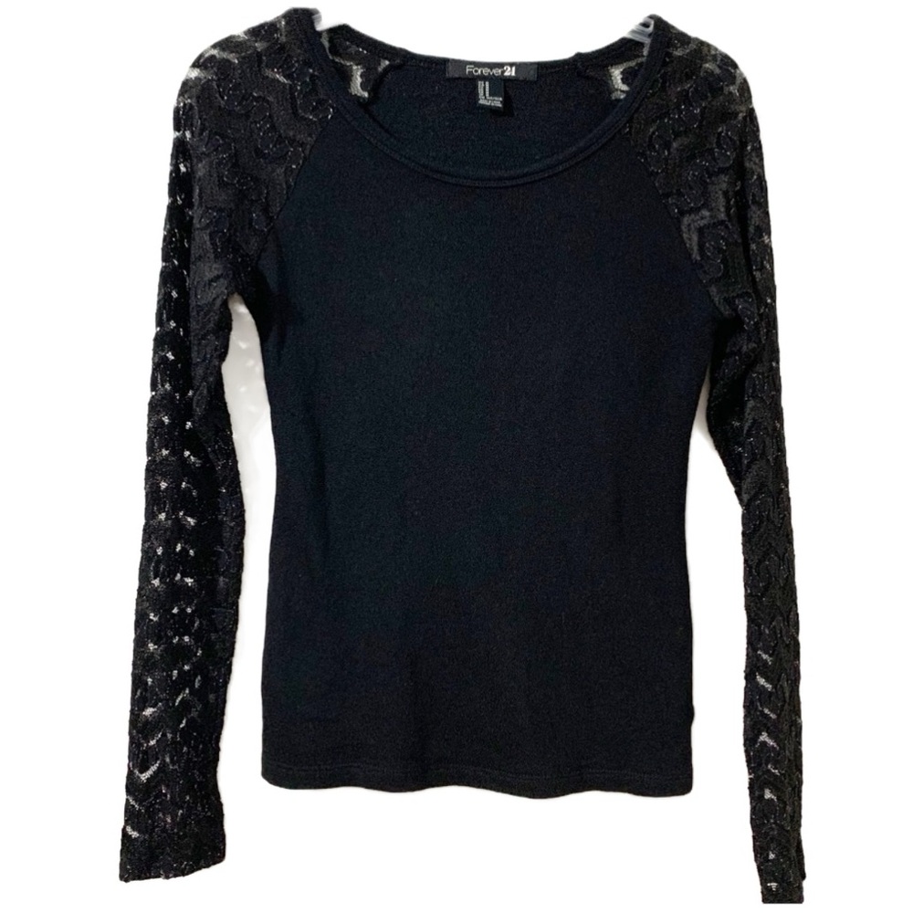 Forever 21 Semi Sheer Lace Long Ragland Sleeved Baseball Tee Scoop Neck Black 🖤